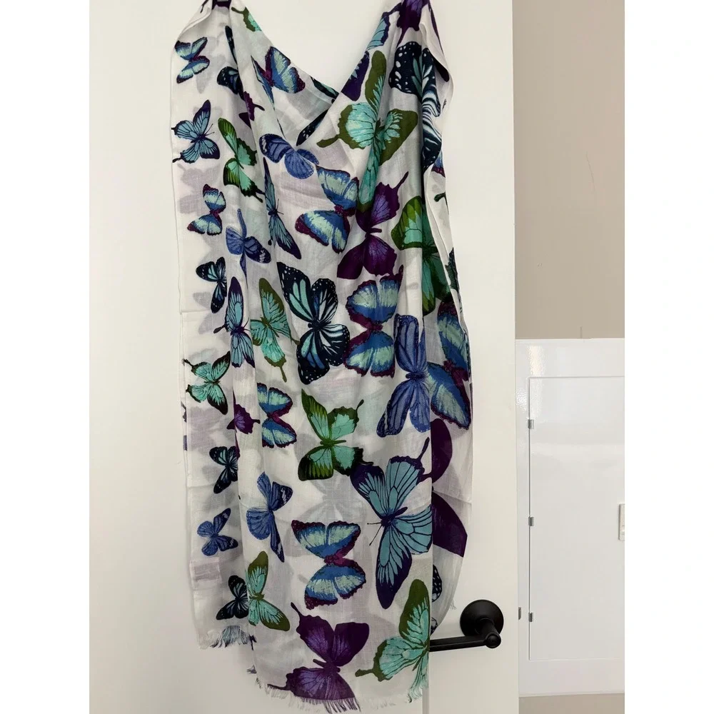 Eleni's Pop of Color Butterfly Print Modal Scarf Purple Teal Blue Frayed Edge